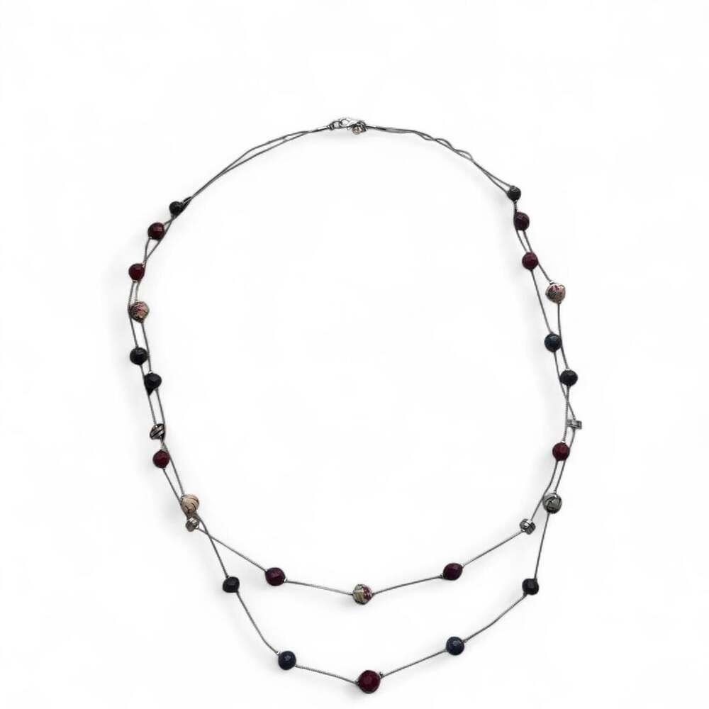 LOFT Double Layer Multi-Color Beaded Necklace Silver-Tone